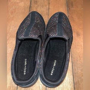 Easy Spirit Black Rhinestone Mule Comfort Shoes 7 Wide WW Leather Textile Upper